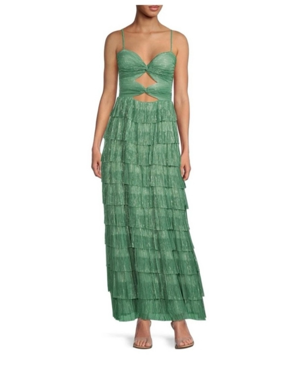 Gianni Bini Green Metallic Tiered Cutout Maxi Dress